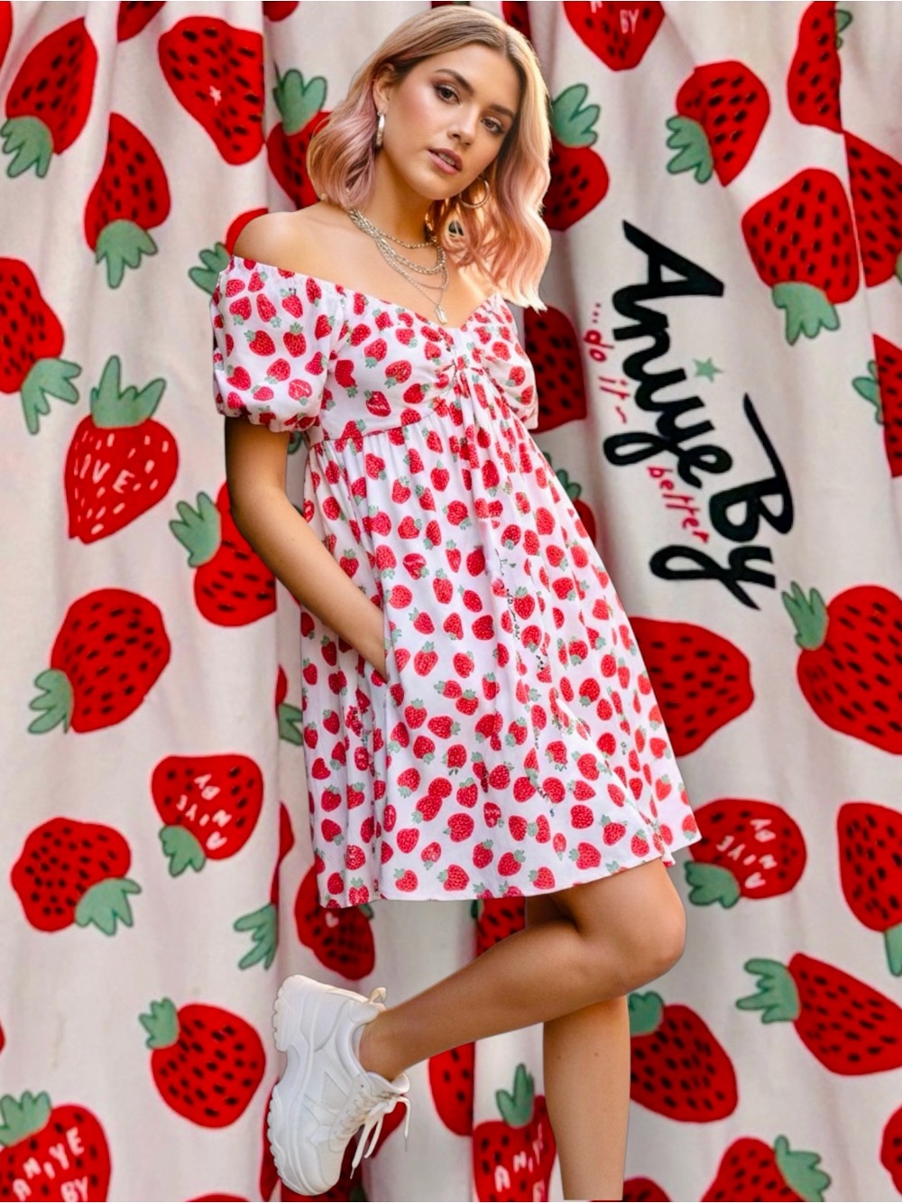Aniye By Italian Strawberry Print Puff Sleeve Mini Coquette Dress IT 42 / US 6